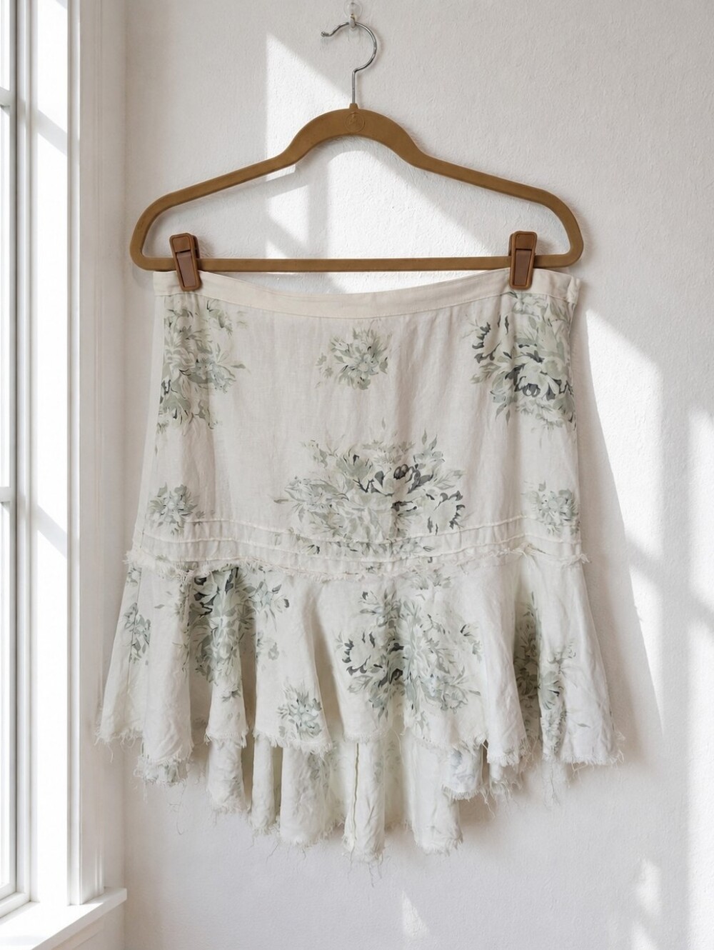 Lux Linen Blend Floral Ruffle Skirt Vintage Cottagecore Boho Romantic Size 9
